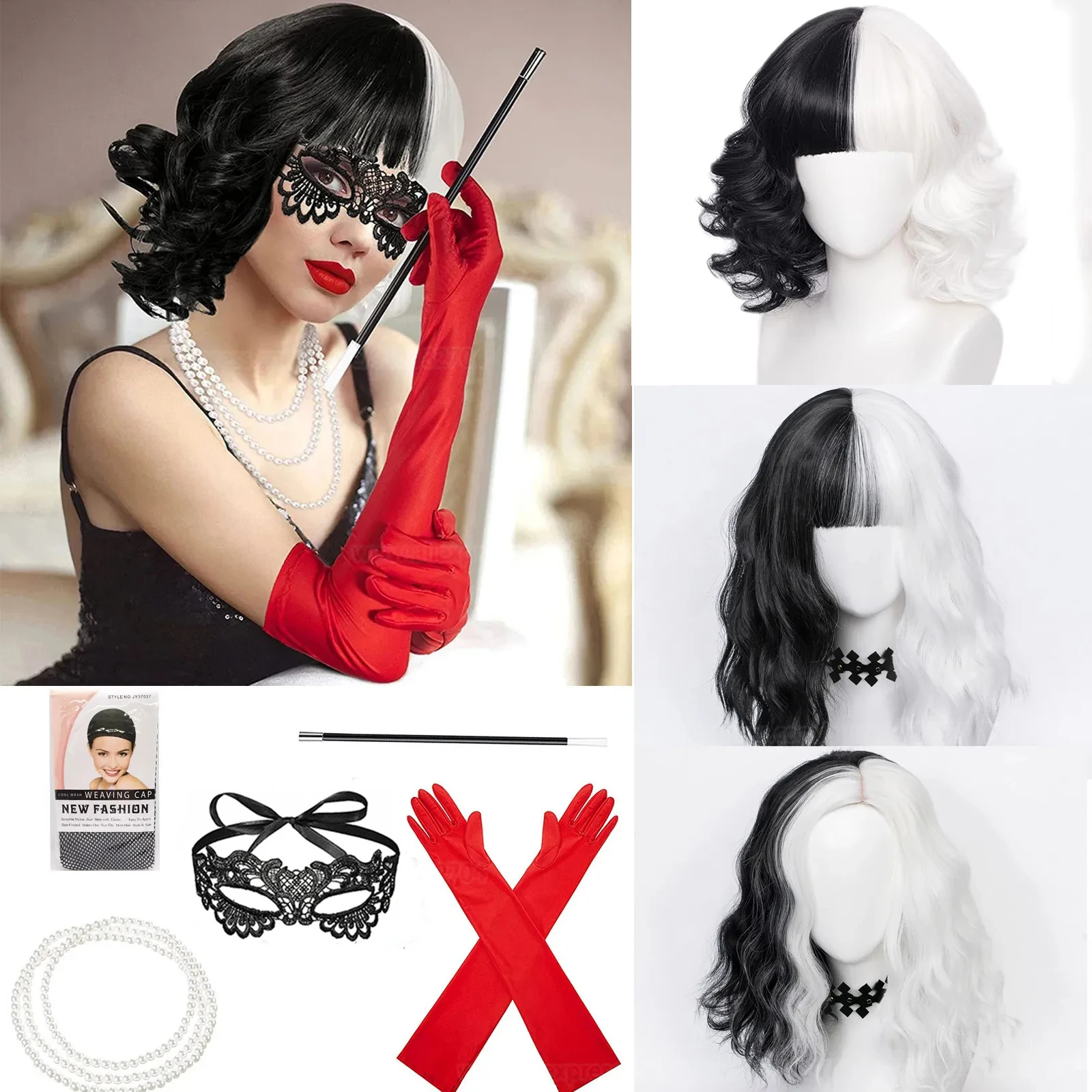 Cosplay Anime White Hair - Peruca de Cosplay Cruella de Vil